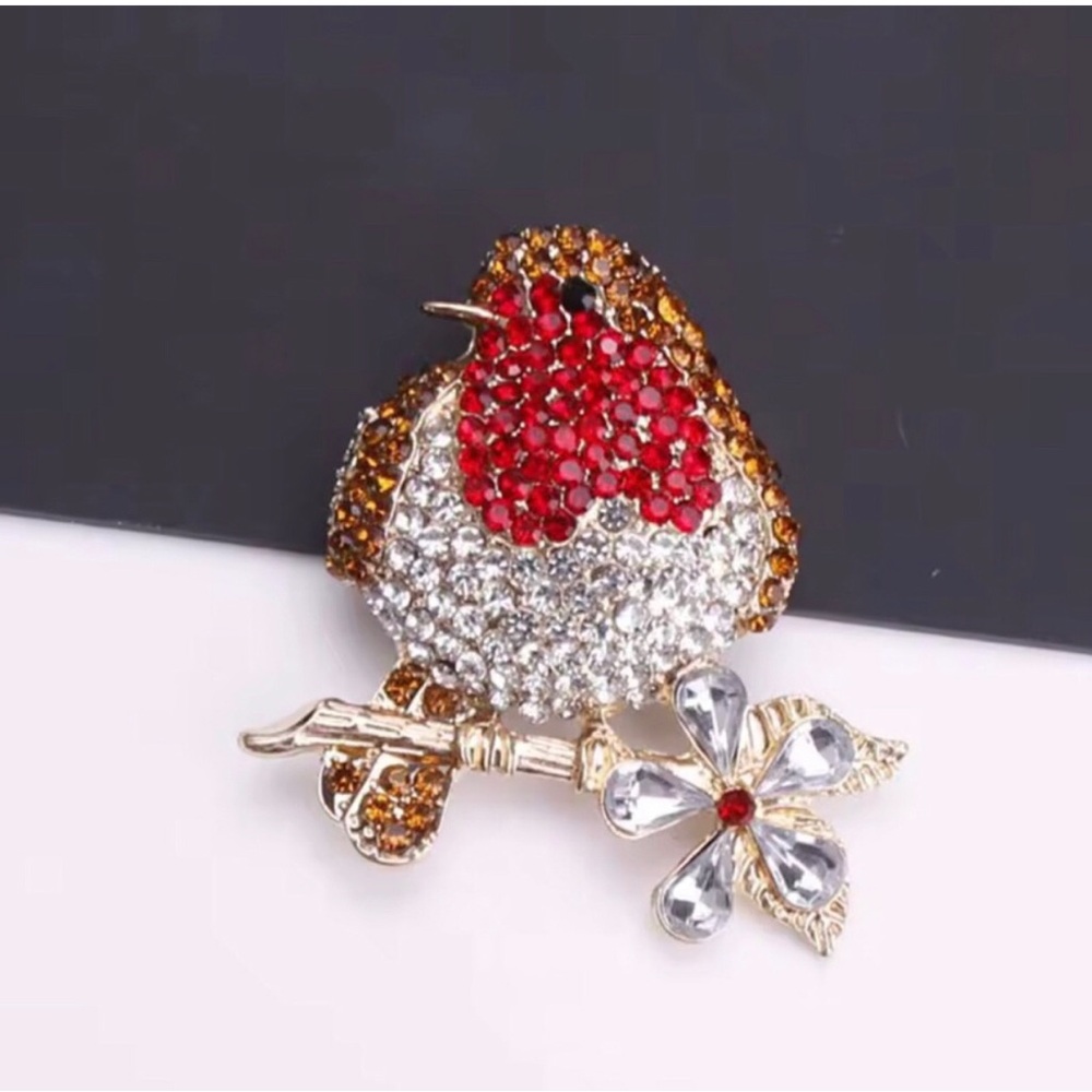 Crystal Robin Brooch Pin. Red, Gold and Silver
